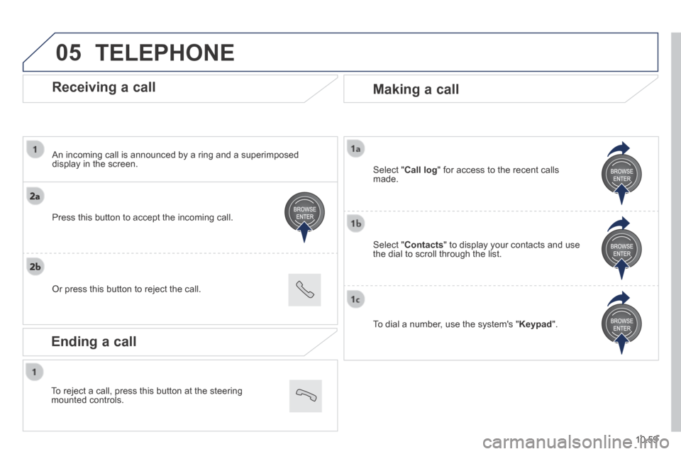 Peugeot Boxer 2014  Owners Manual - RHD (UK, Australia)   
05
10.59
  Receiving  a  call 
  An incoming call is announced by a ring and a superimposed display in the screen.  
  Press this button to accept the incoming call.  
  Or press this button to rej