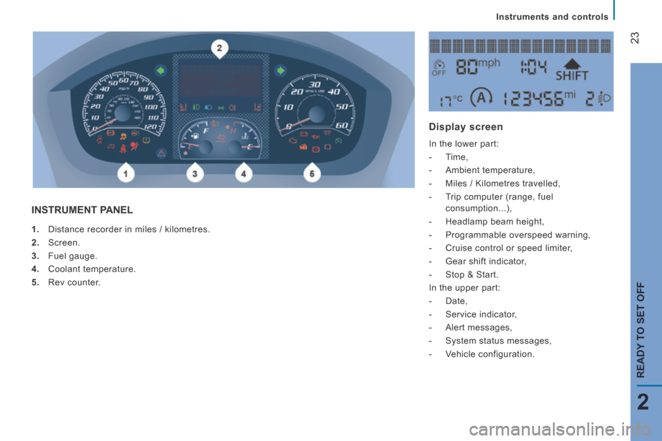 Peugeot Boxer 2014  Owners Manual - RHD (UK, Australia) 23
2
READY TO SET OFF
Instruments and controls
   1.   Distance recorder in miles / kilometres. 
  2.   Screen. 
  3.   Fuel  gauge. 
  4.   Coolant  temperature. 
  5.   Rev  counter.  
 INSTRUMENT  