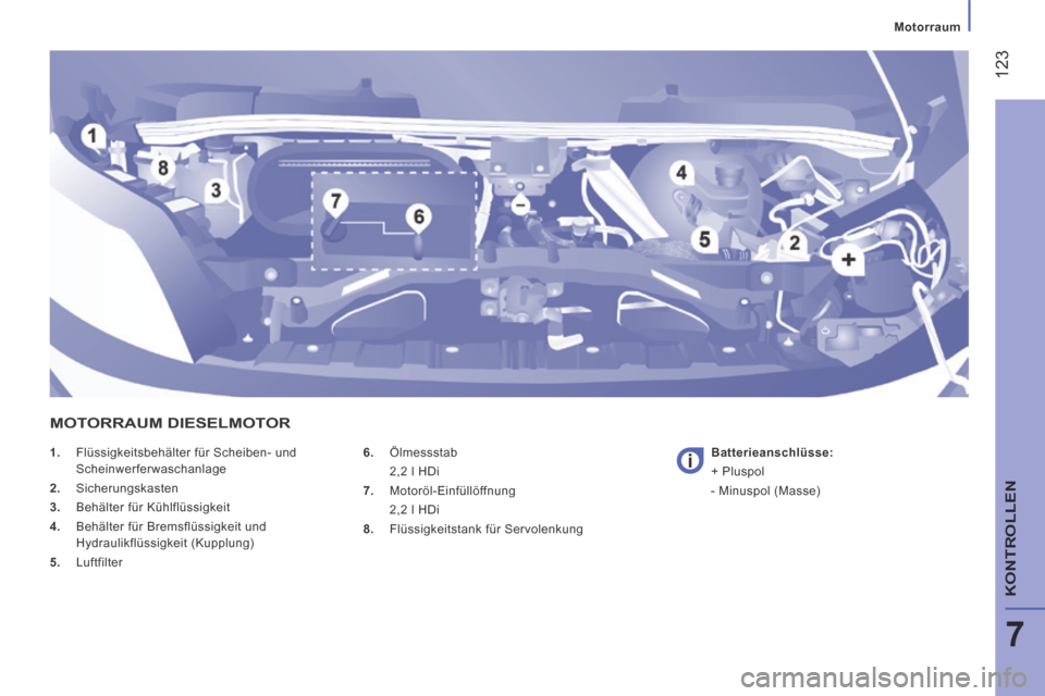 Peugeot Boxer 2014  Betriebsanleitung (in German)  123
7
   Motorraum   
KONTROLLEN
    1.   Flüssigkeitsbehälter für Scheiben- und Scheinwerferwaschanlage 
  2.   Sicherungskasten 
  3.   Behälter für Kühlflüssigkeit 
  4.   Behälter für Br