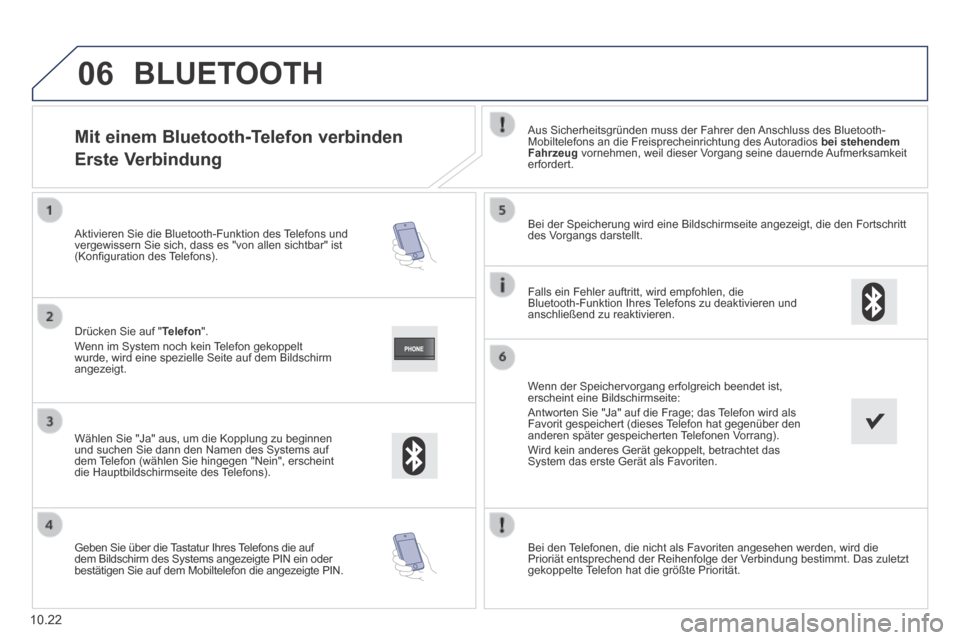 Peugeot Boxer 2014 Betriebsanleitung (in German) 06
10.22
Mit einem Bluetooth-Telefon verbinden
Erste Verbindung
Aus Sicherheitsgründen muss der Fahrer den Anschluss des Bluetooth-Mobiltelefons an die Freisprecheinrichtung des A Peugeot Boxer 2014 Betriebsanleitung (in German) 06
10.22
Mit einem Bluetooth-Telefon verbinden
Erste Verbindung
Aus Sicherheitsgründen muss der Fahrer den Anschluss des Bluetooth-Mobiltelefons an die Freisprecheinrichtung des A