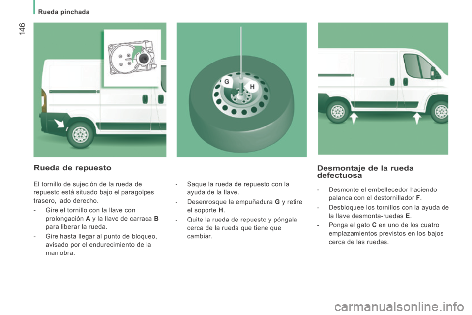 Peugeot Boxer 2014  Manual del propietario (in Spanish)    Rueda  pinchada   
 146
  Desmontaje de la rueda defectuosa 
   -   Desmonte  el  embellecedor  haciendo palanca con el destornillador   F . 
  -   Desbloquee los tornillos con la ayuda de  la llav