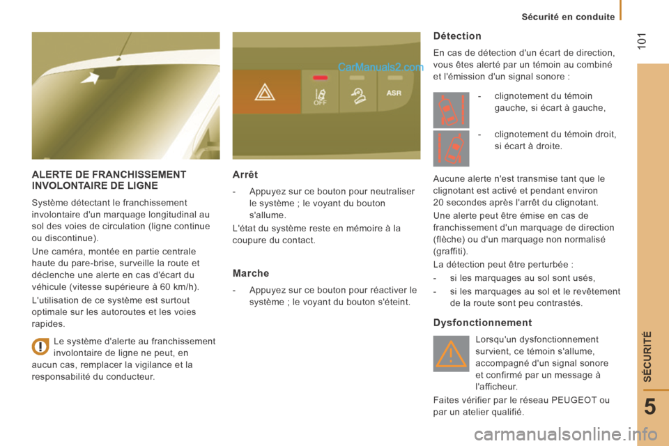 Peugeot Boxer 2014  Manuel du propriétaire (in French)  101
5
Sécurité en conduite
SÉCURITÉ
     ALERTE  DE  FRANCHISSEMENT INVOLONTAIRE DE LIGNE 
 Système détectant le franchissement 
involontaire dun marquage longitudinal au 
sol des voies de cir
