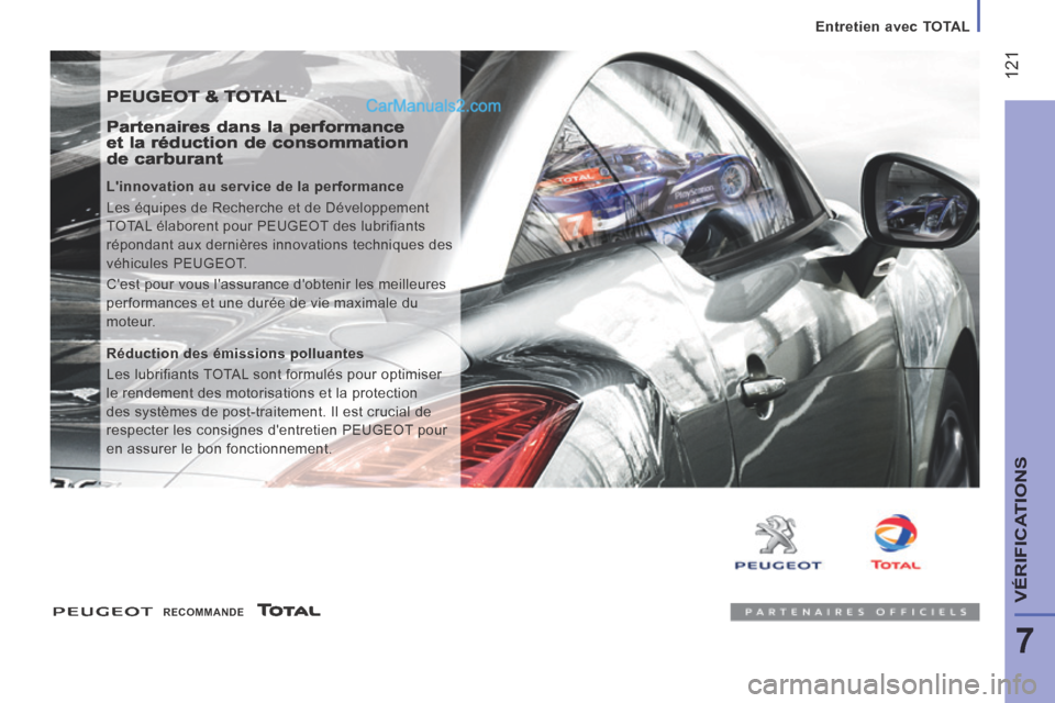 Peugeot Boxer 2014  Manuel du propriétaire (in French) Entretien avec TOTAL
 121
7
VÉRIFICATIONS
 PEUGEOT & TOTAL 
  Partenaires dans la performance et la réduction de consommation de carburant 
  Linnovation au service de la performance 
 Les équipes