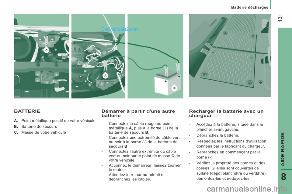 Peugeot Boxer 2014  Manuel du propriétaire (in French)  131
AIDE RAPIDE
8
Batterie déchargée
    A.   Point métallique positif de votre véhicule 
  B.   Batterie de secours 
  C.   Masse de votre véhicule   
  Démarrer à partir dune autre batterie