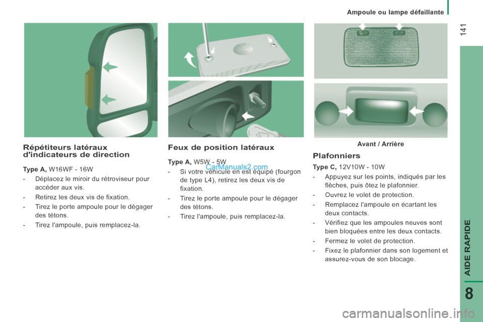 Peugeot Boxer 2014  Manuel du propriétaire (in French) Ampoule ou lampe défaillante
 141
AIDE RAPIDE
8
  Plafonniers 
  Type C,  12V10W - 10W 
   -   Appuyez sur les points, indiqués par les flèches, puis ôtez le plafonnier. 
  -   Ouvrez le volet de 