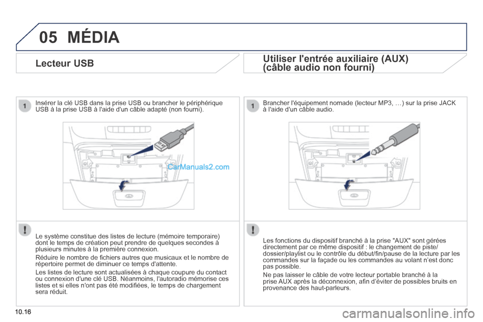 Peugeot Boxer 2014  Manuel du propriétaire (in French) 05
10.16
              Lecteur  USB 
  Insérer la clé USB dans la prise USB ou brancher le périphér\
ique USB à la prise USB à laide dun câble adapté (non fourni)\
.  
  Le système constitu