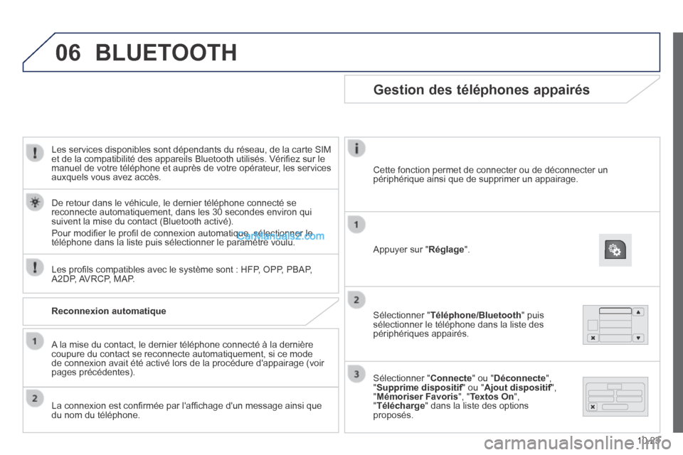 Peugeot Boxer 2014  Manuel du propriétaire (in French) 06
10.23
  Les services disponibles sont dépendants du réseau, de la carte SIM et de la compatibilité des appareils Bluetooth utilisés. Vériﬁ ez sur le manuel de votre téléphone et auprès de
