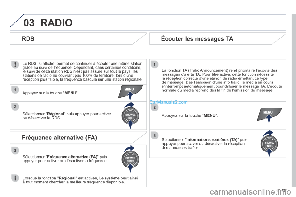 Peugeot Boxer 2014  Manuel du propriétaire (in French) 03
10.55
 RADIO 
  Le RDS, si afﬁ ché, permet de continuer à écouter une même station grâce au suivi de fréquence. Cependant, dans certaines conditions,\
 le suivi de cette station RDS n’est