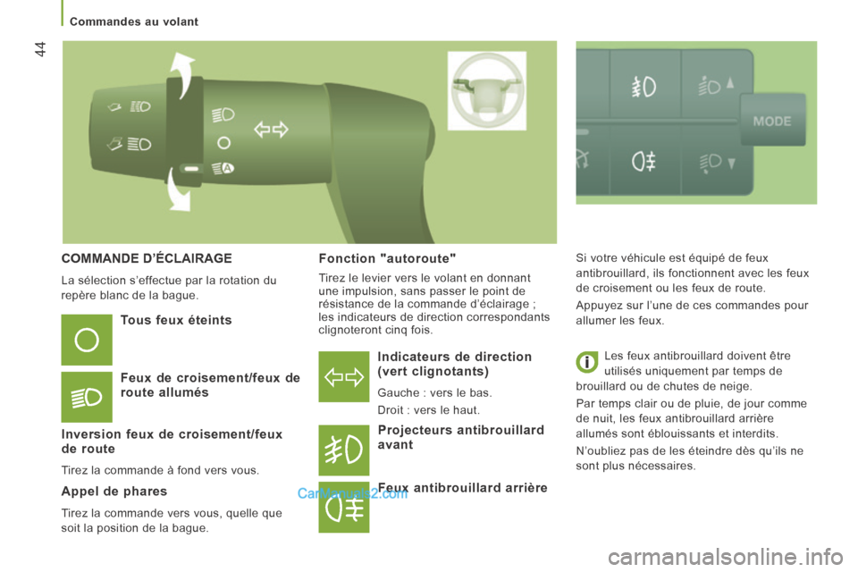 Peugeot Boxer 2014  Manuel du propriétaire (in French) 44
   Commandes  au  volant   
 COMMANDE  D’ÉCLAIRAGE 
 La sélection s’effectue par la rotation du 
repère blanc de la bague.   
  Indicateurs  de  direction (vert clignotants) 
 Gauche : vers 