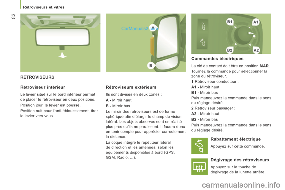 Peugeot Boxer 2014  Manuel du propriétaire (in French) 82
   Rétroviseurs  et  vitres   
 RÉTROVISEURS 
  Rétroviseurs  extérieurs 
 Ils sont divisés en deux zones : 
  A -  Miroir haut 
  B -  Miroir bas 
 Le miroir des rétroviseurs est de forme 
s