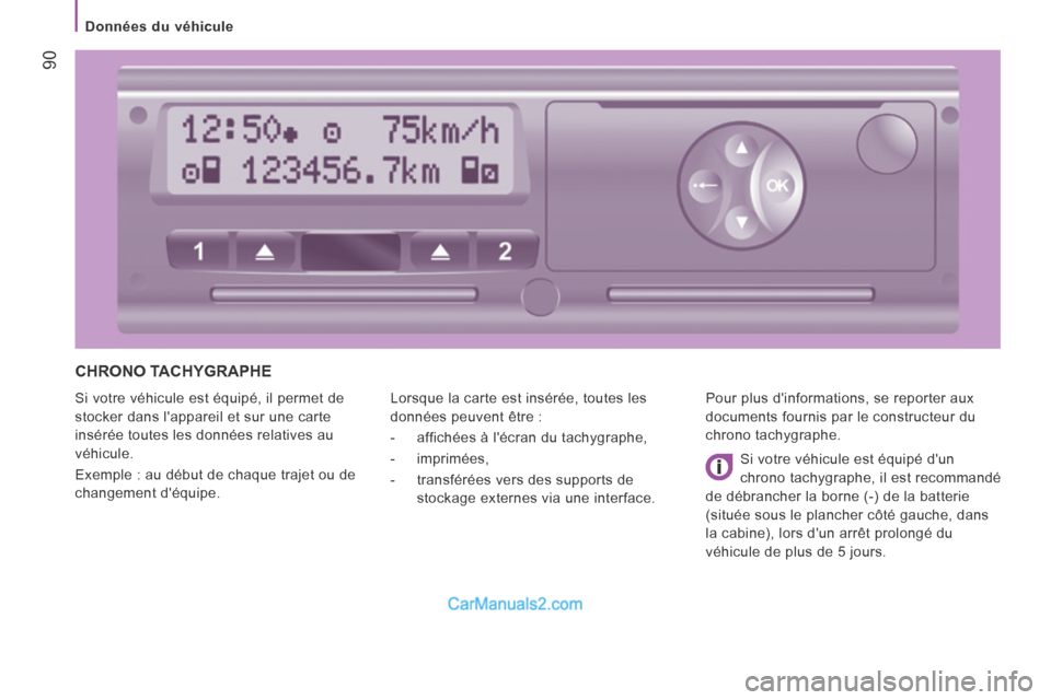 Peugeot Boxer 2014  Manuel du propriétaire (in French)  90
   Données  du  véhicule   
 CHRONO  TACHYGRAPHE 
 Si votre véhicule est équipé, il permet de 
stocker dans lappareil et sur une carte 
insérée toutes les données relatives au 
véhicule.