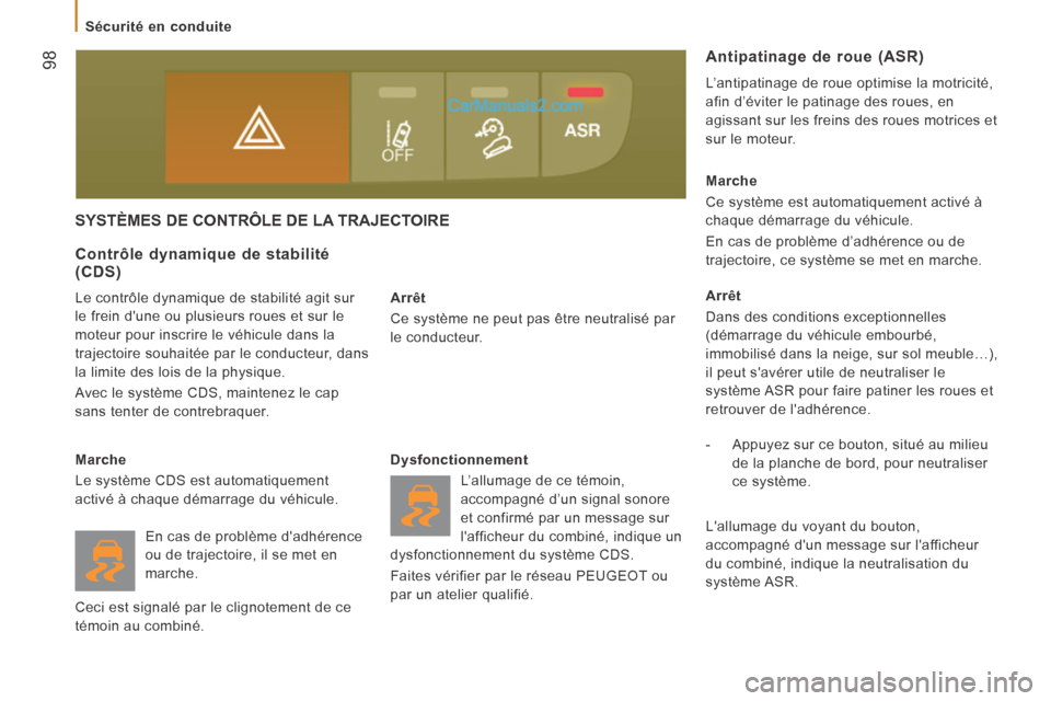 Peugeot Boxer 2014  Manuel du propriétaire (in French)  98
   Sécurité  en  conduite   
       SYSTÈMES  DE  CONTRÔLE  DE  LA  TRAJECTOIRE 
  Arrêt 
 Ce système ne peut pas être neutralisé par 
le  conducteur.  
  Contrôle dynamique de stabilité