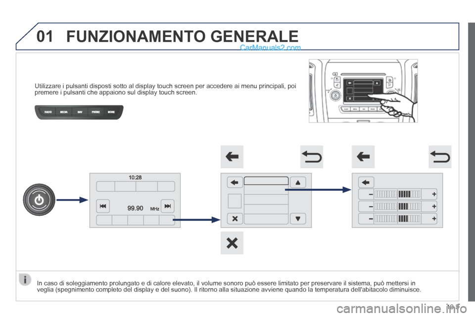 Peugeot Boxer 2014  Manuale del proprietario (in Italian) 01
         Utilizzare i pulsanti disposti sotto al display touch screen per acceder\
e ai menu principali, poi premere i pulsanti che appaiono sul display touch screen.  
 FUNZIONAMENTO  GENERALE 
  
