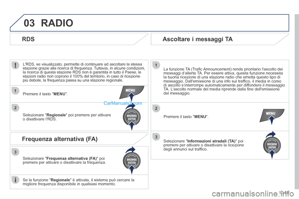 Peugeot Boxer 2014  Manuale del proprietario (in Italian) 03
10.55
 RADIO 
  LRDS, se visualizzato, permette di continuare ad ascoltare la stessa stazione grazie alla ricerca di frequenza. Tuttavia, in alcune condizioni, la ricerca di questa stazione RDS no