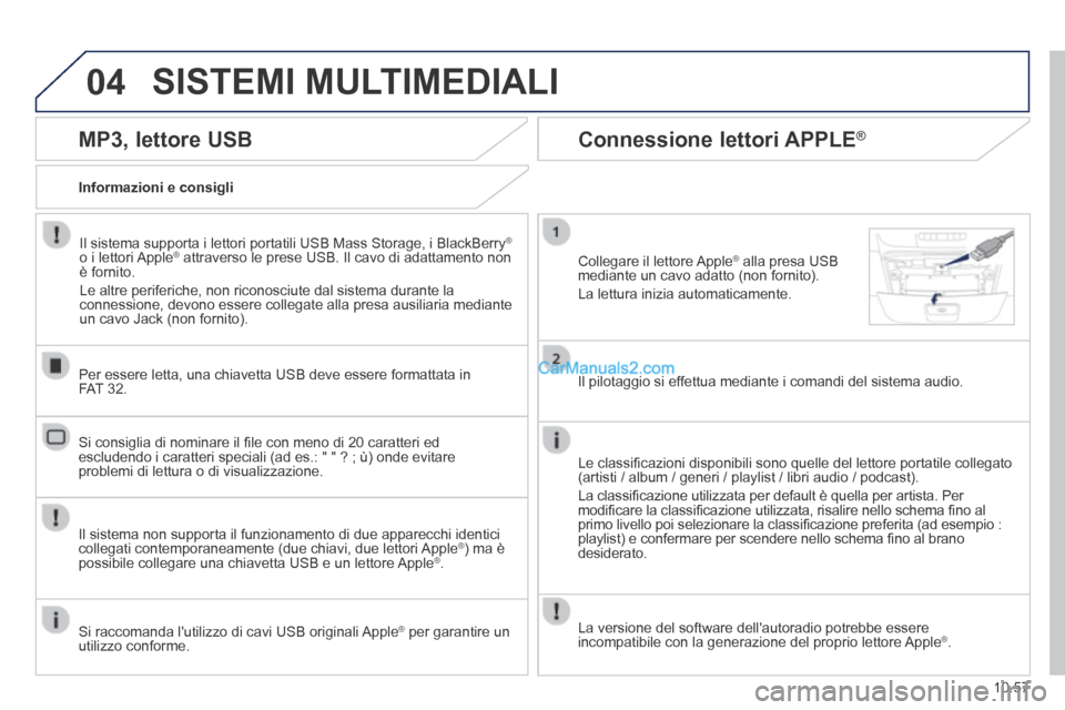 Peugeot Boxer 2014  Manuale del proprietario (in Italian) 04
10.57
 SISTEMI  MULTIMEDIALI 
  MP3,  lettore  USB 
  Informazioni  e  consigli  
  Il sistema supporta i lettori portatili USB Mass Storage, i BlackBerry ®
o i lettori Apple ®  attraverso le pre