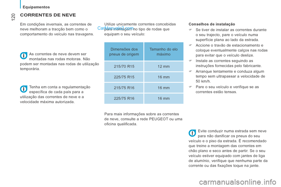 Peugeot Boxer 2014  Manual do proprietário (in Portuguese)    Equipamentos   
 120
     CORRENTES  DE  NEVE 
  Em condições invernais, as correntes de 
neve melhoram a tracção bem como o 
comportamento do veículo nas travagens.   As correntes de neve dev