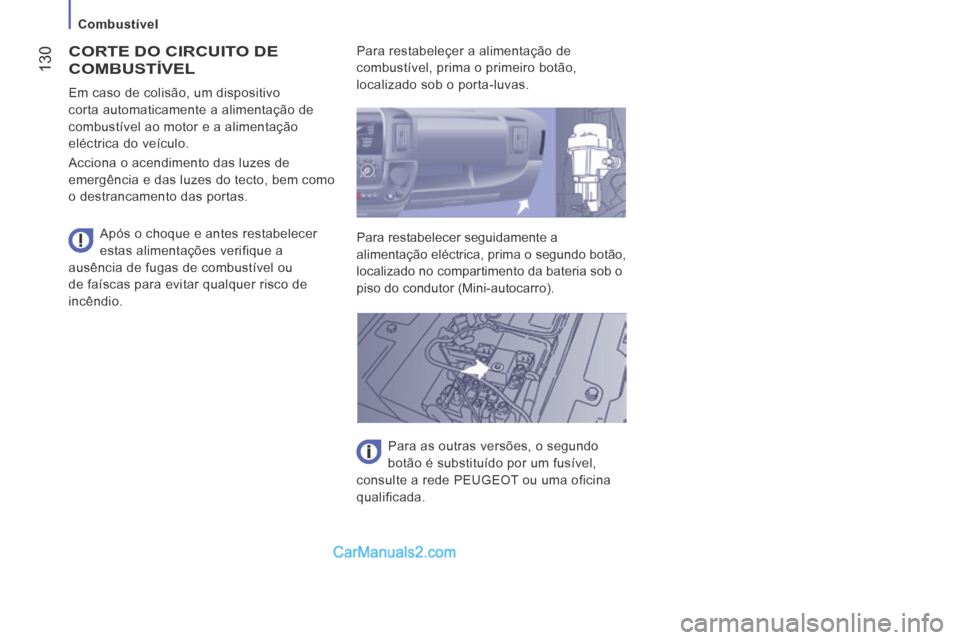 Peugeot Boxer 2014  Manual do proprietário (in Portuguese)    Combustível   
 130
 CORTE DO CIRCUITO DE 
COMBUSTÍVEL 
  Após o choque e antes restabelecer 
estas alimentações verifique a 
ausência de fugas de combustível ou 
de faíscas para evitar qua