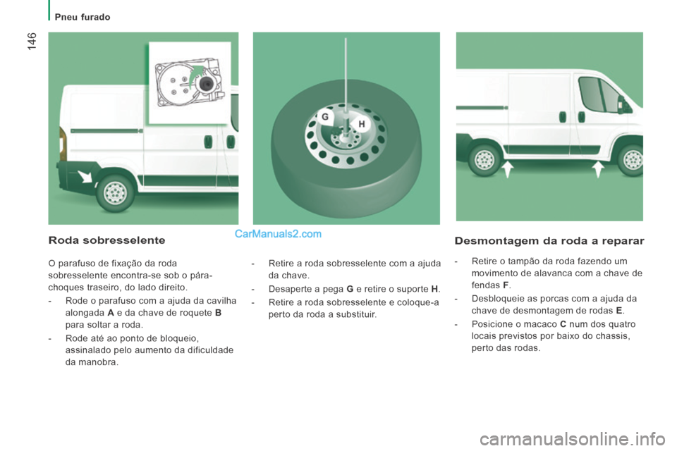 Peugeot Boxer 2014  Manual do proprietário (in Portuguese)    Pneu  furado   
 146
  Desmontagem da roda a reparar 
   -   Retire o tampão da roda fazendo um movimento de alavanca com a chave de 
fendas   F . 
  -   Desbloqueie as porcas com a ajuda da  chav