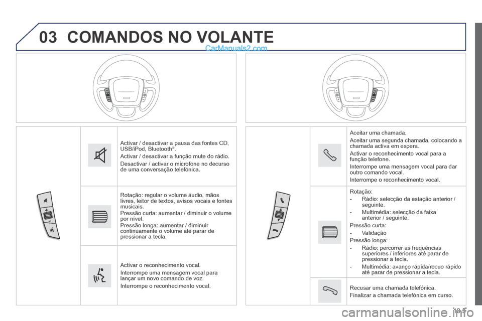 Peugeot Boxer 2014  Manual do proprietário (in Portuguese) 03
10.5
 COMANDOS NO VOLANTE 
 Activar / desactivar a pausa das fontes CD, USB/iPod, Bluetooth ® .  Activar / desactivar a função mute do rádio.  Desactivar / activar o microfone no decurso de uma