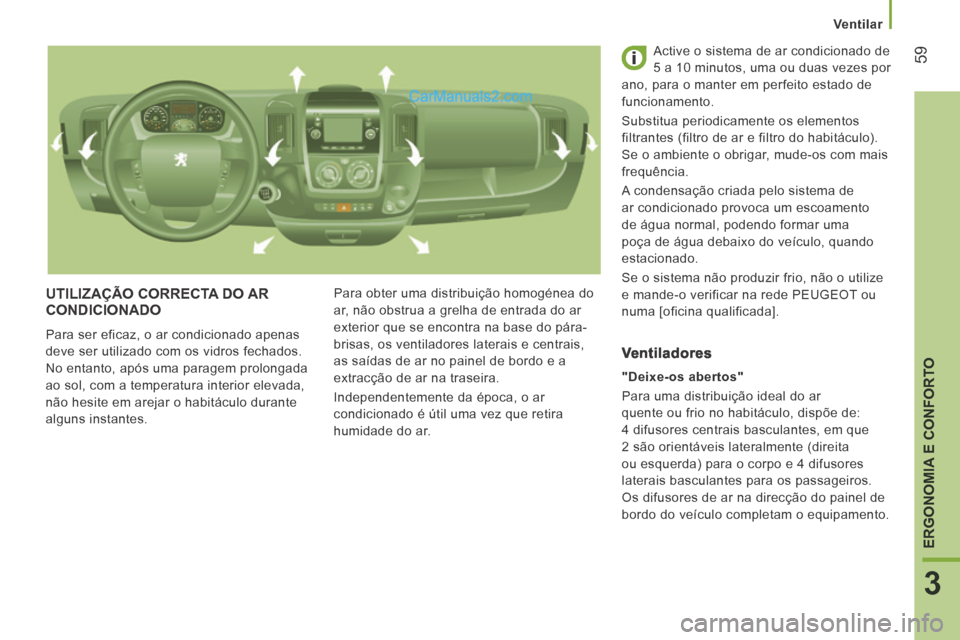 Peugeot Boxer 2014  Manual do proprietário (in Portuguese)    Ventilar   
59
3
ERGONOMIA E CONFORTO
 UTILIZAÇÃO CORRECTA DO AR CONDICIONADO 
 Para ser eficaz, o ar condicionado apenas 
deve ser utilizado com os vidros fechados. 
No entanto, após uma parage