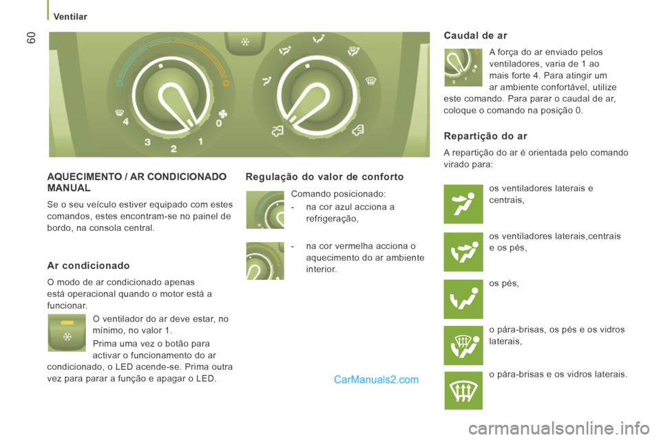 Peugeot Boxer 2014  Manual do proprietário (in Portuguese)    Ventilar   
60
 AQUECIMENTO / AR CONDICIONADO MANUAL 
 Se o seu veículo estiver equipado com estes 
comandos, estes encontram-se no painel de 
bordo, na consola central. 
  Regulação do valor de