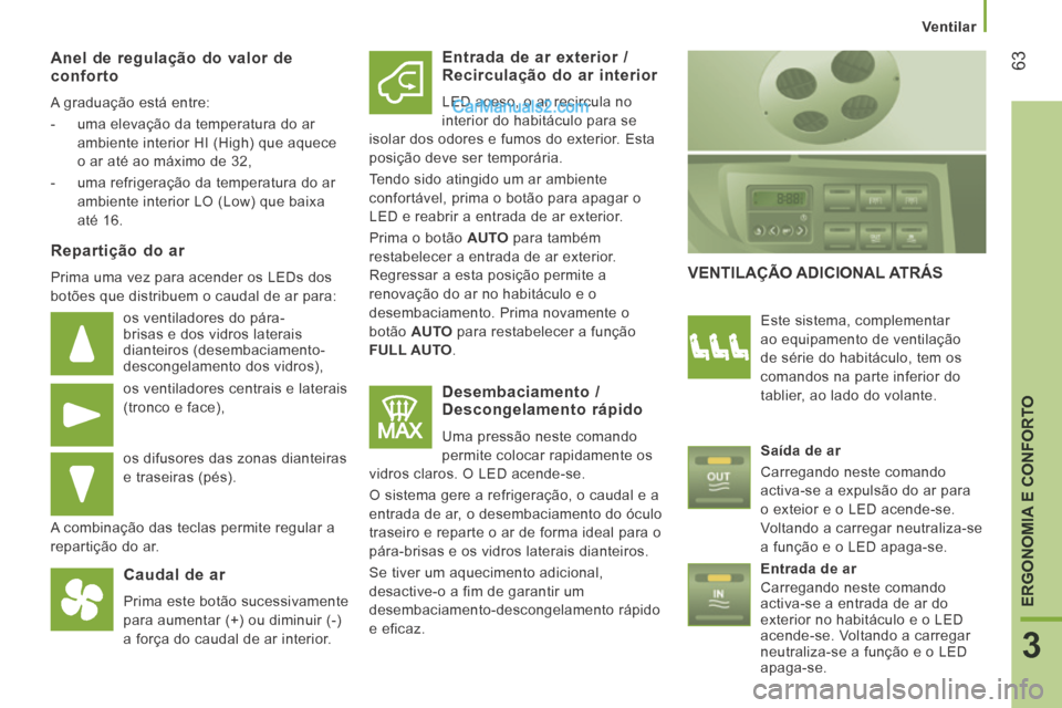 Peugeot Boxer 2014  Manual do proprietário (in Portuguese)    Ventilar   
63
3
ERGONOMIA E CONFORTO
  Anel de regulação do valor de conforto 
 A graduação está entre: 
   -   uma elevação da temperatura do ar ambiente interior HI (High) que aquece 
o a