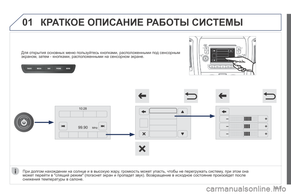 Peugeot Boxer 2014  Инструкция по эксплуатации (in Russian) 01
         Для открытия основных меню пользуйтесь кнопками, расположенными под сенсорным экраном, затем - кнопка