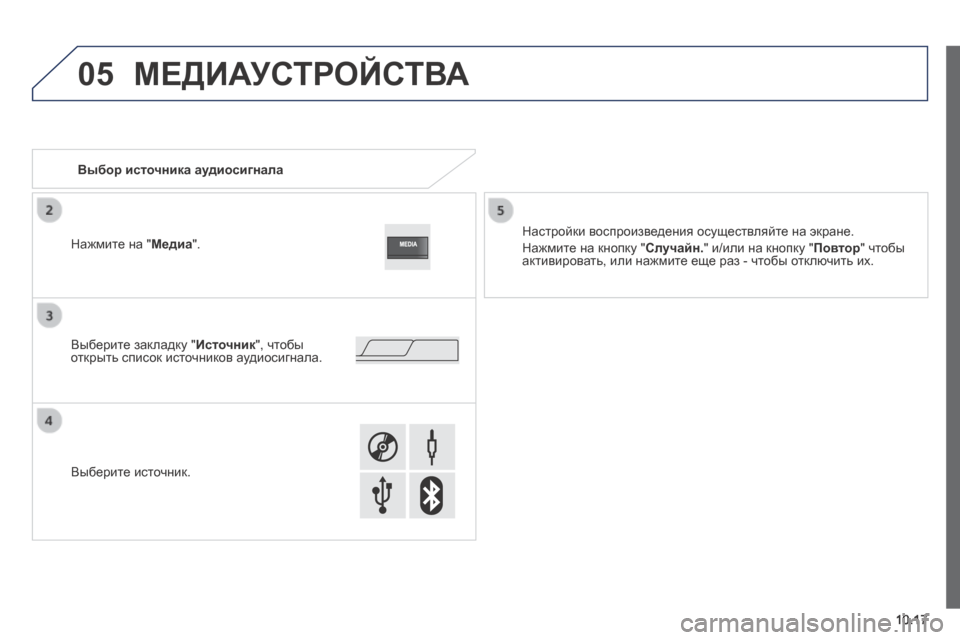 Peugeot Boxer 2014  Инструкция по эксплуатации (in Russian) 05
10.17
 МЕДИАУСТРОЙСТВА 
                 Выбор источника аудиосигнала  
  Настройки воспроизведения осуществляйте на 