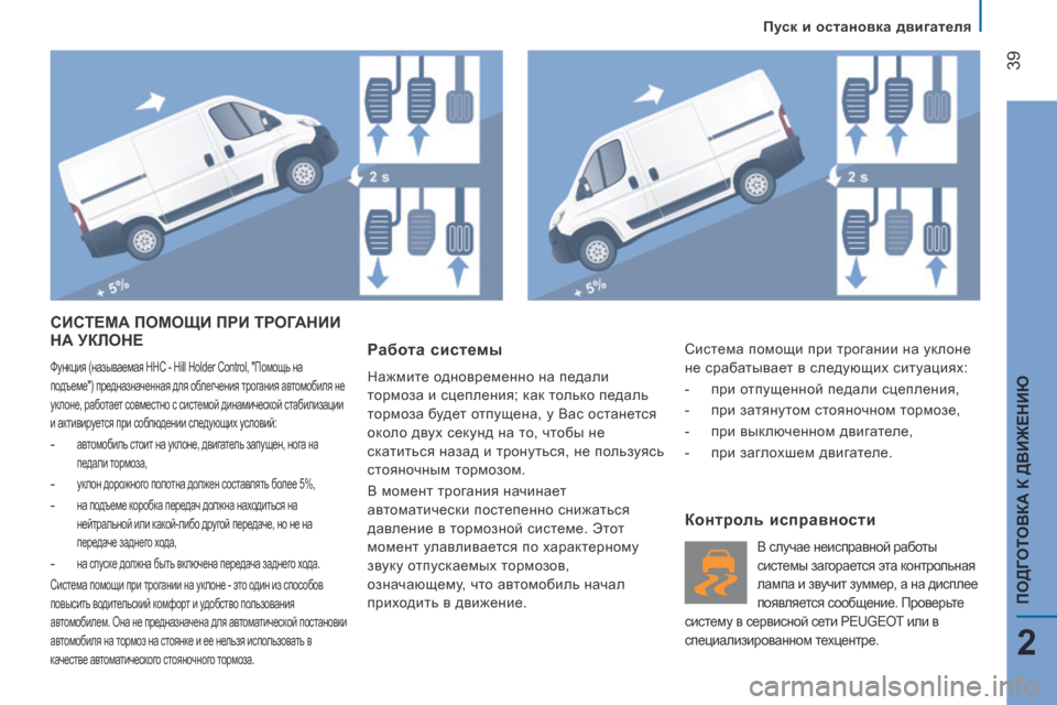 Peugeot Boxer 2014  Инструкция по эксплуатации (in Russian)    Пуск и остановка двигателя   
39
2
ПОДГОТОВКА К ДВИЖЕНИЮ
 СИСТЕМА ПОМОЩИ ПРИ ТРОГАНИИ НА УКЛОНЕ 
 Функция (назы