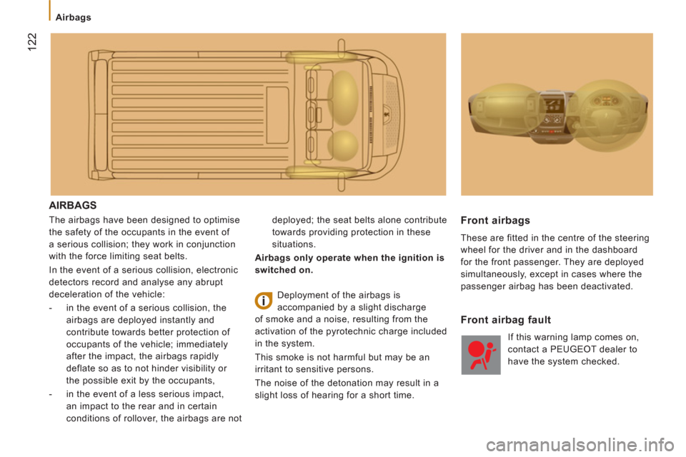 Peugeot Boxer 2013  Owners Manual - RHD (UK, Australia)    
 
Airbags 
122
 
AIRBAGS 
 
The airbags have been designed to optimise 
the safety of the occupants in the event of 
a serious collision; they work in conjunction 
with the force limiting seat bel