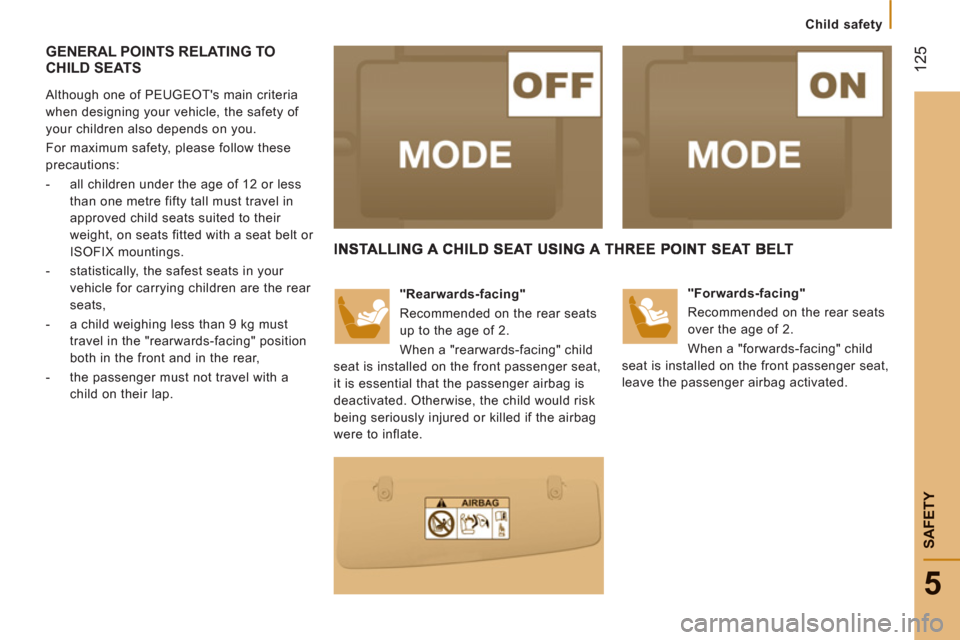 Peugeot Boxer 2013  Owners Manual - RHD (UK, Australia)    
 
Child safety
12
5
5
SAFETY
GENERAL POINTS RELATING TOCHILD SEATS
 
 
Although one of PEUGEOTs main criteria 
when designing your vehicle, the safety of 
your children also depends on you. 
  Fo