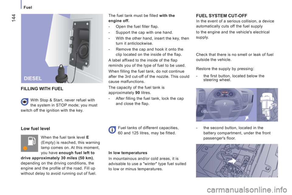 Peugeot Boxer 2013  Owners Manual - RHD (UK, Australia)    
 
Fuel 
144
 
 
Low fuel level
 
When the fuel tank level  E  
(Empty) is reached, this warning 
lamp comes on. At this moment, 
you have  enough fuel left to 
drive approximately 30 miles (50 km)