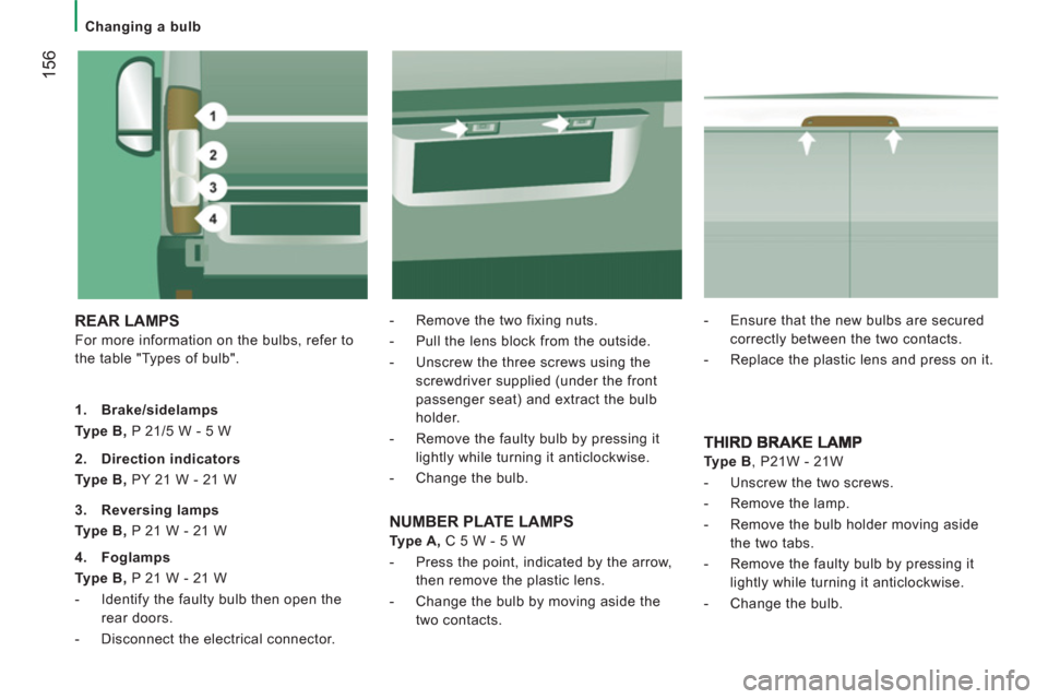 Peugeot Boxer 2013  Owners Manual - RHD (UK, Australia) 156
   
 
Changing a bulb 
 
REAR LAMPS 
 
For more information on the bulbs, refer to 
the table "Types of bulb".    
-   Remove the two fixing nuts. 
   
-   Pull the lens block from the outside. 
 