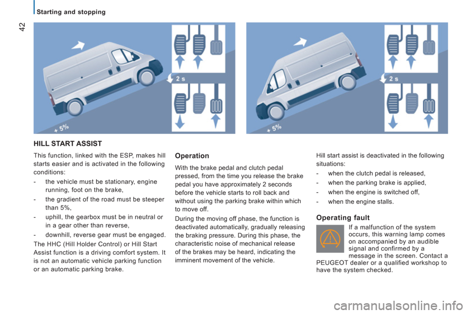 Peugeot Boxer 2013  Owners Manual - RHD (UK, Australia) 42
   
 
Starting and stopping  
 
 
HILL START ASSIST
 
This function, linked with the ESP, makes hill 
starts easier and is activated in the following 
conditions: 
   
 
-   the vehicle must be sta