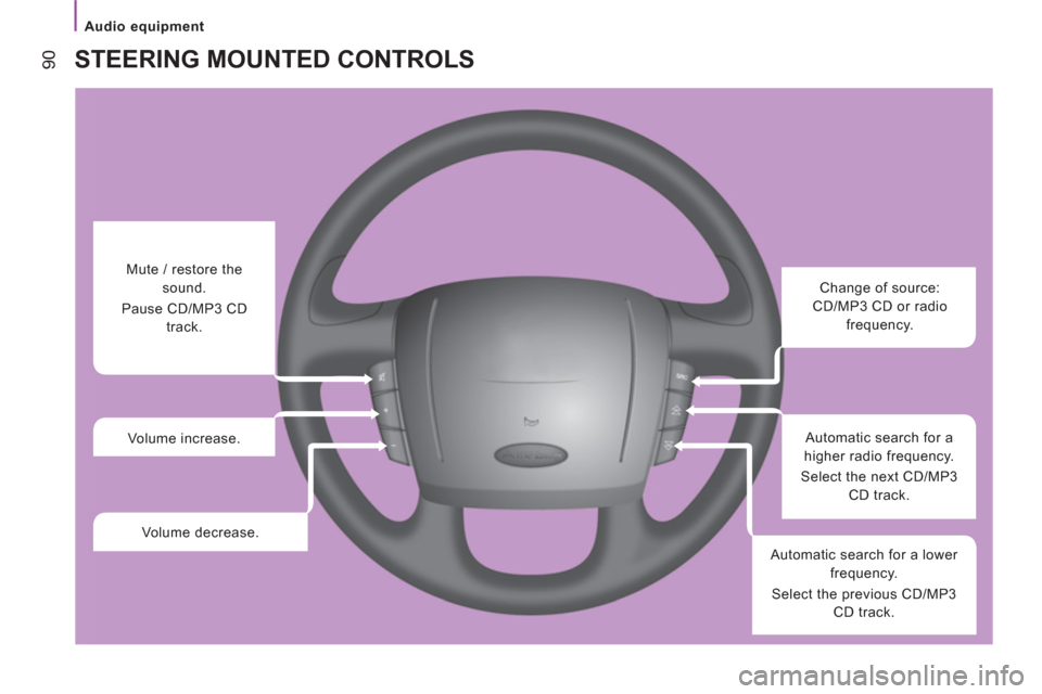 Peugeot Boxer 2013  Owners Manual - RHD (UK, Australia) Audio equipment
90  STEERING MOUNTED CONTROLS
 
 
 
 
 
 
 
 
Change of source: 
CD/MP3 CD or radio 
frequency.  
   
Automatic search for a 
higher radio frequency. 
  Select the next CD/MP3 
CD trac
