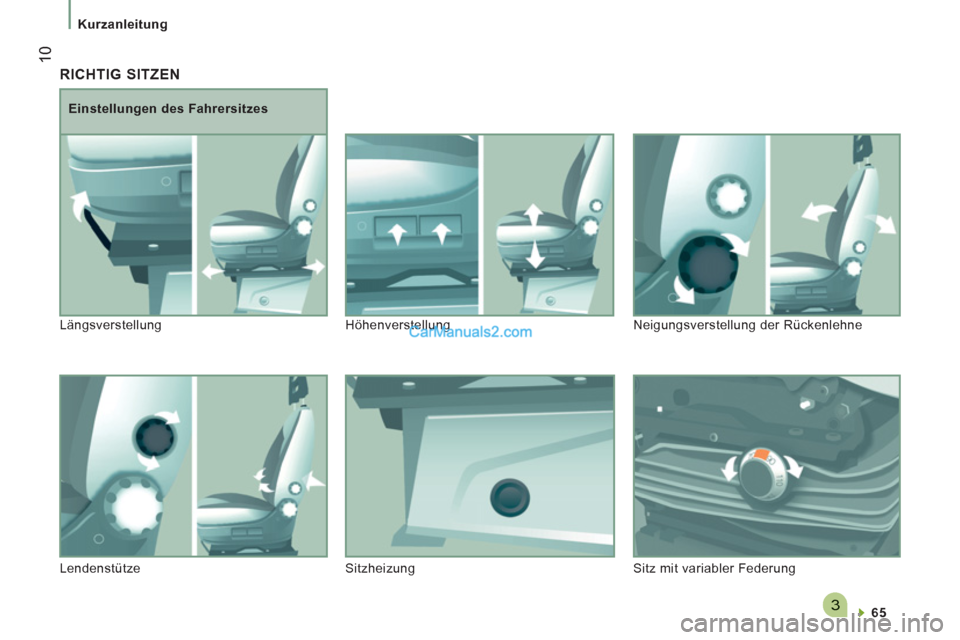 Peugeot Boxer 2013  Betriebsanleitung (in German) 3
10
   
 
Kurzanleitung  
 
 
RICHTIG SITZEN 
   
65  
 
     
Einstellungen des Fahrersitzes 
  Längsverstellung  Höhenverstellung  Neigungsverstellung der Rückenlehne 
  Lendenstütze  Sitzheizu