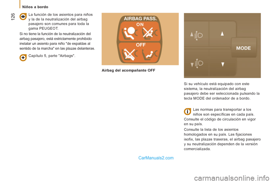 Peugeot Boxer 2013  Manual del propietario (in Spanish) 12
6
   
 
Niños a bordo  
 
   
Capítulo 5, parte "Airbags".      
 
La función de los asientos para niños 
y la de la neutralización del airbag 
pasajero son comunes para toda la 
gama PEUGEOT.