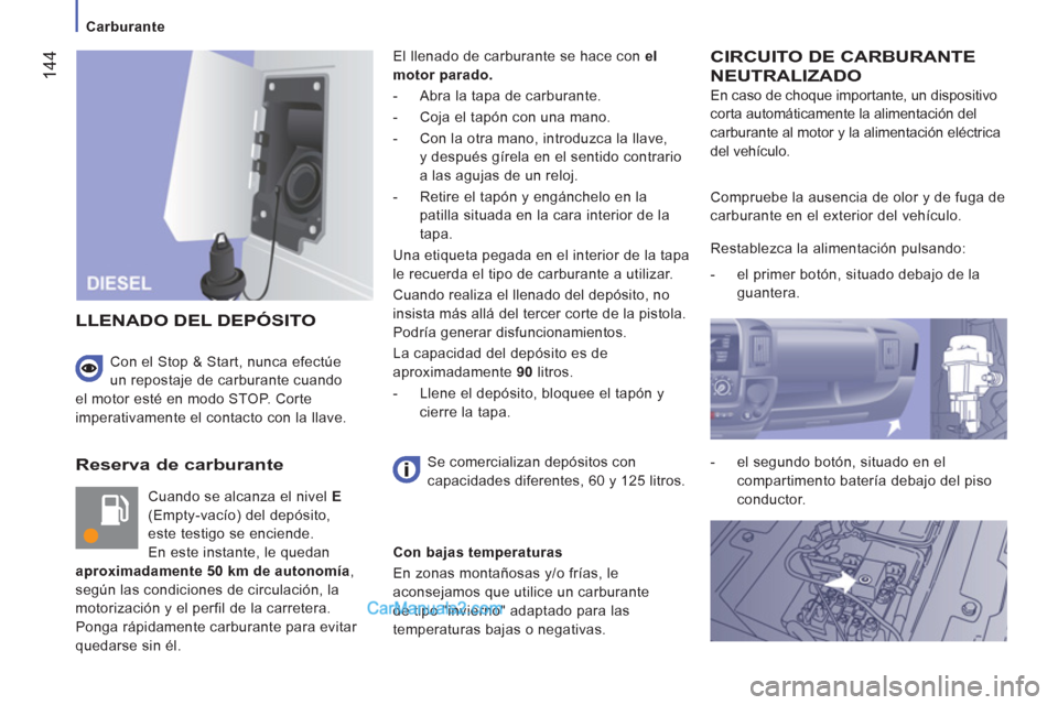 Peugeot Boxer 2013  Manual del propietario (in Spanish) 144
   
 
Carburante  
 
 
 
Reserva de carburante 
 
Cuando se alcanza el nivel  E  
(Empty-vacío) del depósito, 
este testigo se enciende. 
En este instante, le quedan 
  aproximadamente 50 km de 