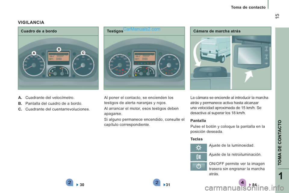 Peugeot Boxer 2013  Manual del propietario (in Spanish) 221
TOMA DE CONTACTO
15
   
 
Toma de contacto  
 
 
 
Cámara de marcha atrás
L
a cámara se enciende al introducir la marcha
atrás y permanece activa hasta alcanzar 
una velocidad aproximada de 15