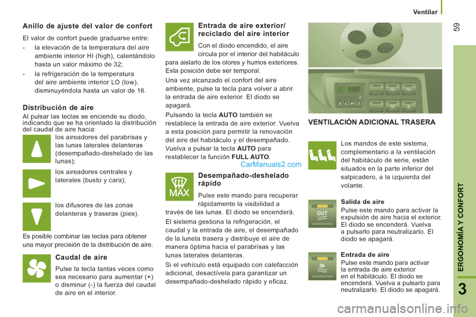 Peugeot Boxer 2013 Manual del propietario (in Spanish) 59
3
ERGONOMÍA Y CONFOR
T
Ventilar
Anillo de ajuste del valor de confort
El valor de confort puede graduarse entre:
- la elevación de la temperatura del aire
ambiente inte Peugeot Boxer 2013 Manual del propietario (in Spanish) 59
3
ERGONOMÍA Y CONFOR
T
Ventilar
Anillo de ajuste del valor de confort
El valor de confort puede graduarse entre:
- la elevación de la temperatura del aire
ambiente inte