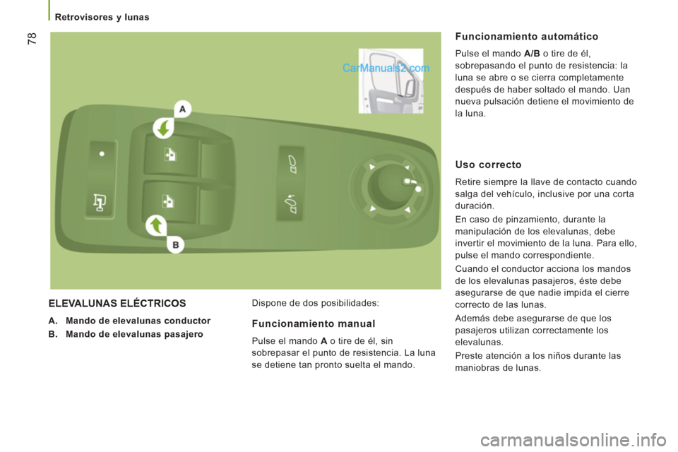 Peugeot Boxer 2013 Manual del propietario (in Spanish) 78
Retrovisores y lunas
ELEVALUNAS ELÉCTRICOS
A.Mando de elevalunas conductor
B.Mando de elevalunas pasajero
Dispone de dos posibilidades:
Funcionamiento automático
Pulse el man Peugeot Boxer 2013 Manual del propietario (in Spanish) 78
Retrovisores y lunas
ELEVALUNAS ELÉCTRICOS
A.Mando de elevalunas conductor
B.Mando de elevalunas pasajero
Dispone de dos posibilidades:
Funcionamiento automático
Pulse el man