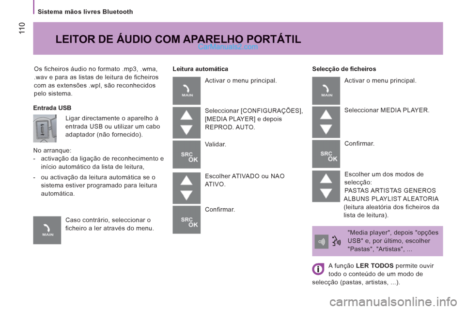 Peugeot Boxer 2013 Manual do proprietário (in Portuguese) 11
0
Sistema mãos livres Bluetooth
Os ficheiros áudio no formato .mp3, .wma,
.wav e para as listas de leitura de ficheiros
com as extensões .wpl, são reconhecidos
pelo sistema.
Se Peugeot Boxer 2013 Manual do proprietário (in Portuguese) 11
0
Sistema mãos livres Bluetooth
Os ficheiros áudio no formato .mp3, .wma,
.wav e para as listas de leitura de ficheiros
com as extensões .wpl, são reconhecidos
pelo sistema.
Se