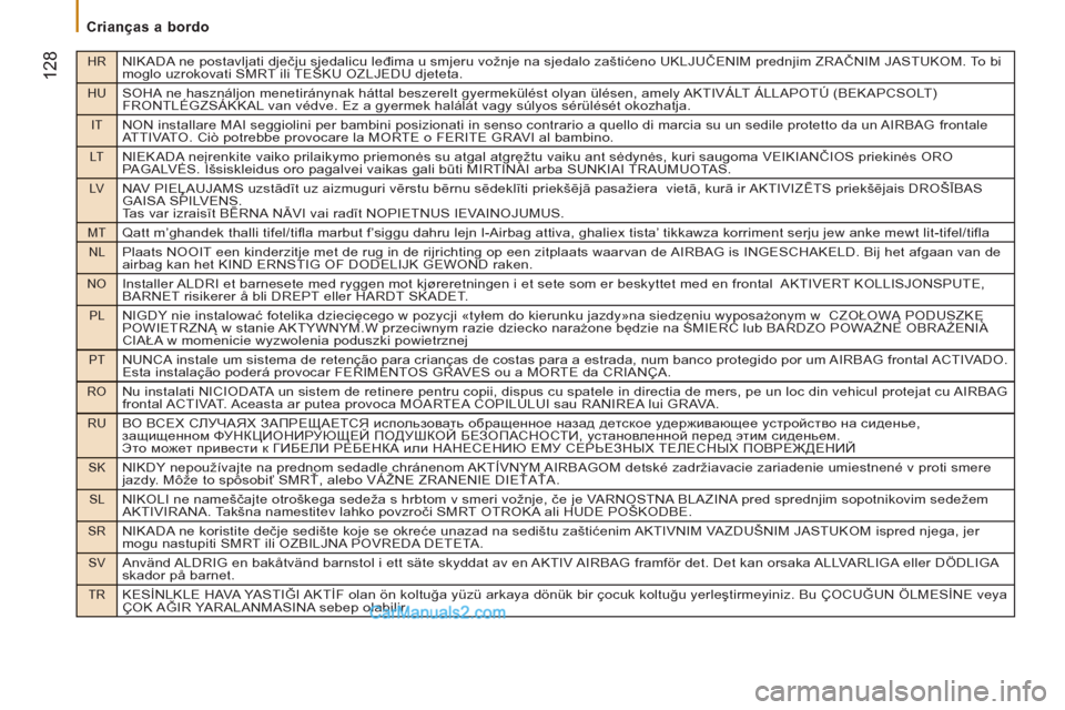 Peugeot Boxer 2013 Manual do proprietário (in Portuguese) HRNIKADA ne postavljati dječju sjedalicu leđima u smjeru vožnje na sjedalo zaštićeno UKLJUČENIM prednjim ZRAČNIM JASTUKOM. To bi
moglo uzrokovati SMRT ili TEŠKU OZLJEDU djeteta.
HUSOHA ne has Peugeot Boxer 2013 Manual do proprietário (in Portuguese) HRNIKADA ne postavljati dječju sjedalicu leđima u smjeru vožnje na sjedalo zaštićeno UKLJUČENIM prednjim ZRAČNIM JASTUKOM. To bi
moglo uzrokovati SMRT ili TEŠKU OZLJEDU djeteta.
HUSOHA ne has