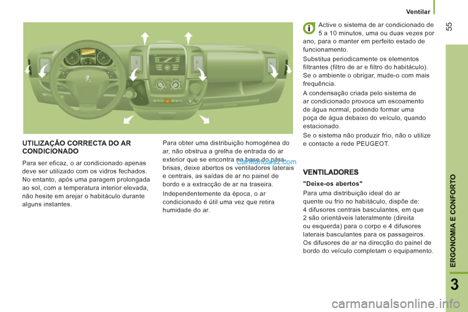 Peugeot Boxer 2013 Manual do proprietário (in Portuguese) 55
3
ERGONOMIA E CONFORTO
Ventilar
UTILIZAÇÃO CORRECTA DO ARCONDICIONADO
Para ser eficaz, o ar condicionado apenas
deve ser utilizado com os vidros fechados.
No entanto, após uma par Peugeot Boxer 2013 Manual do proprietário (in Portuguese) 55
3
ERGONOMIA E CONFORTO
Ventilar
UTILIZAÇÃO CORRECTA DO ARCONDICIONADO
Para ser eficaz, o ar condicionado apenas
deve ser utilizado com os vidros fechados.
No entanto, após uma par