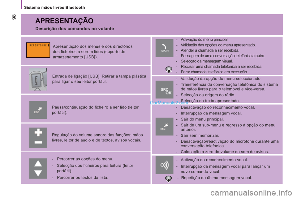 Peugeot Boxer 2013 Manual do proprietário (in Portuguese) 98
Sistema mãos livres Bluetooth
APRESENTAÇÃO
Regulação do volume sonoro das funções: mãos
livres, leitor de audio e de textos, avisos vocais.
Pausa/continuação do ficheir Peugeot Boxer 2013 Manual do proprietário (in Portuguese) 98
Sistema mãos livres Bluetooth
APRESENTAÇÃO
Regulação do volume sonoro das funções: mãos
livres, leitor de audio e de textos, avisos vocais.
Pausa/continuação do ficheir