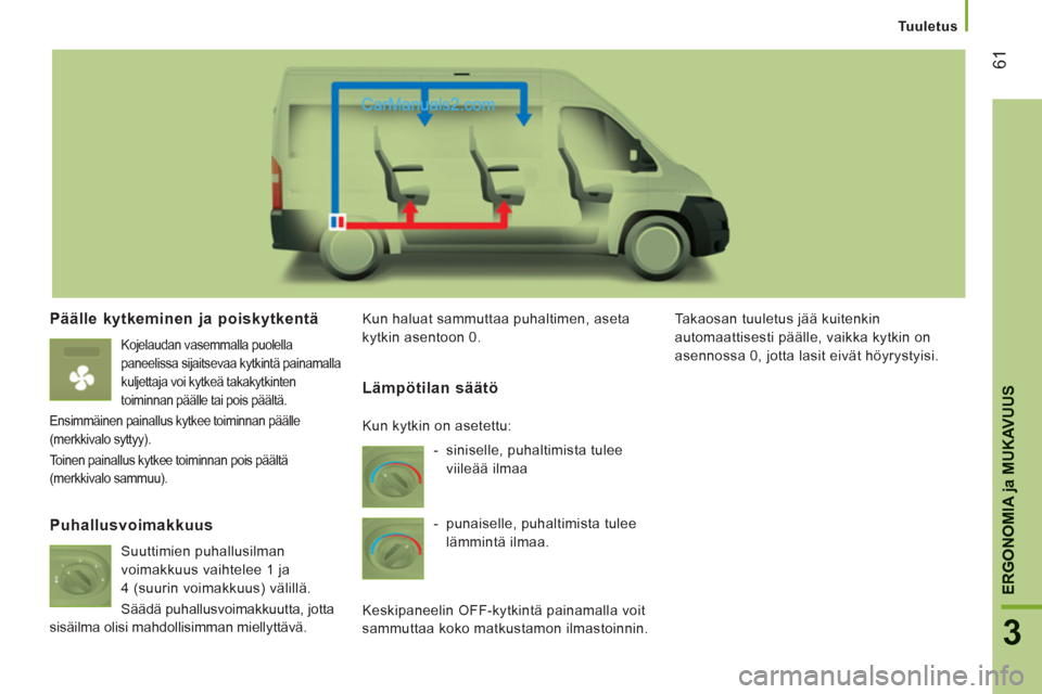 Peugeot Boxer 2013  Omistajan käsikirja (in Finnish) 61
3
ERGONOMI
A ja MUKAVUU
S
   
 
Tuuletus
Päälle kytkeminen ja poiskytkentä
 
 
Kojelaudan vasemmalla puolella 
paneelissa sijaitsevaa kytkintä painamalla 
kuljettaja voi kytkeä takakytkinten 
