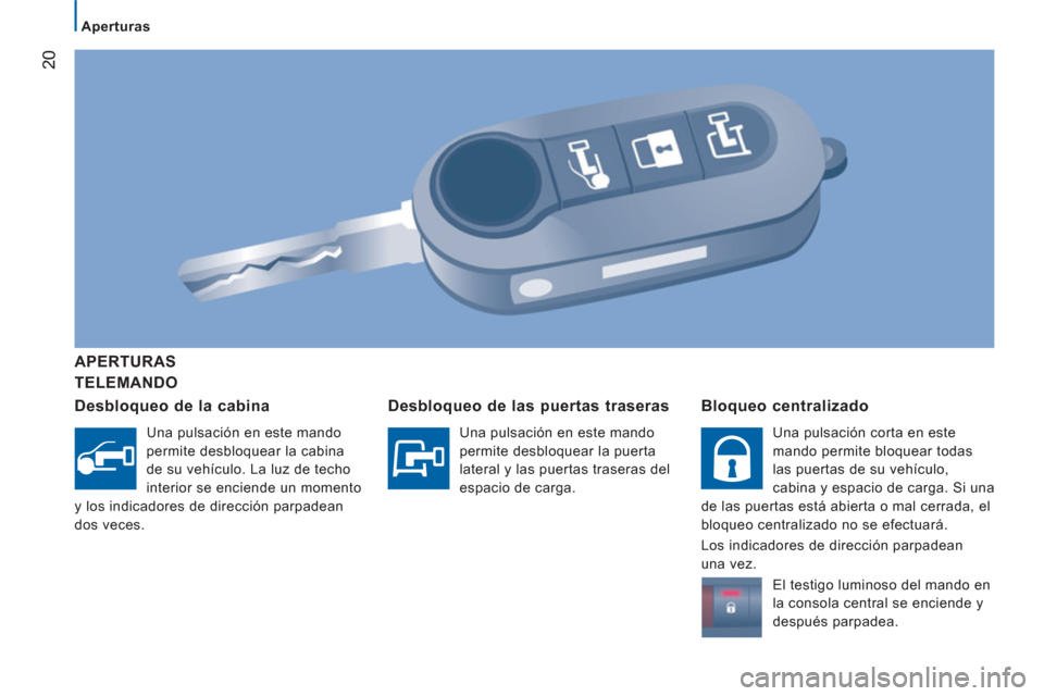 Peugeot Boxer 2012  Manual del propietario (in Spanish) 20
   
 
Aperturas 
 
 
TELEMANDO     
APERTURA
S 
   
Desblo
queo de la cabina 
 
Una pulsación en este mando 
permite desbloquear la cabina 
de su vehículo. La luz de techo 
interior se enciende u