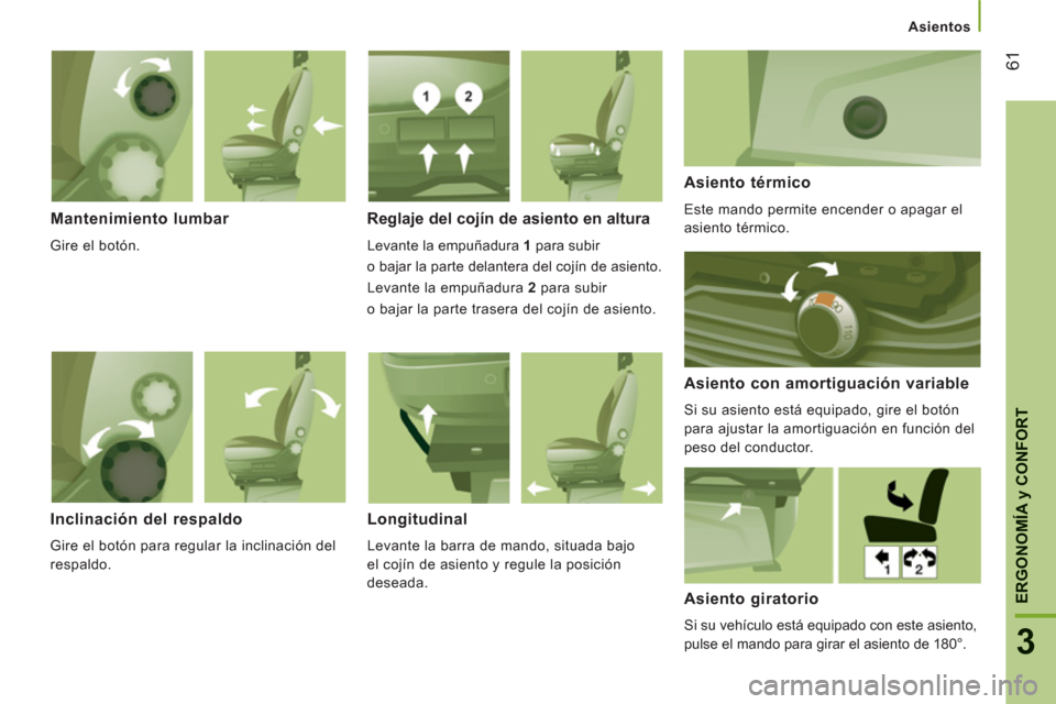 Peugeot Boxer 2012  Manual del propietario (in Spanish) Asientos
61
3
ERGONOMÍ
A y CONFOR
T
Mantenimiento lumbar 
  Gire el botón.  
 
 
Reglaje del cojín de asiento en altura
 
Levante la empuñadura  1  
para subir   
o bajar la parte delantera del co
