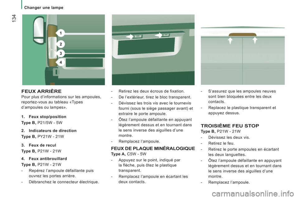 Peugeot Boxer 2012  Manuel du propriétaire (in French) 134
   
 
Changer une lampe 
 
FEUX ARRIÈRE
 
Pour plus d’informations sur les ampoules, 
reportez-vous au tableau «Types 
d’ampoules ou lampes».    
-   Retirez les deux écrous de fixation. 
