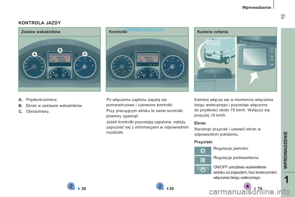 Peugeot Boxer 2012  Instrukcja Obsługi (in Polish) 221
WPROWADZENI
E
15
   
 
Wprowadzenie
   
Kamera cofania 
  Kamera włącza się w momencie włączenia 
biegu wstecznego i pozostaje włączona 
do prędkości około 15 km/h. Wyłącza się 
powy
